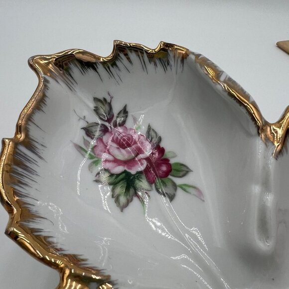 Lefton Leaf Shaped Candy Dish with Hand Painted Roses and Gilt Edge - Picture 11 of 12